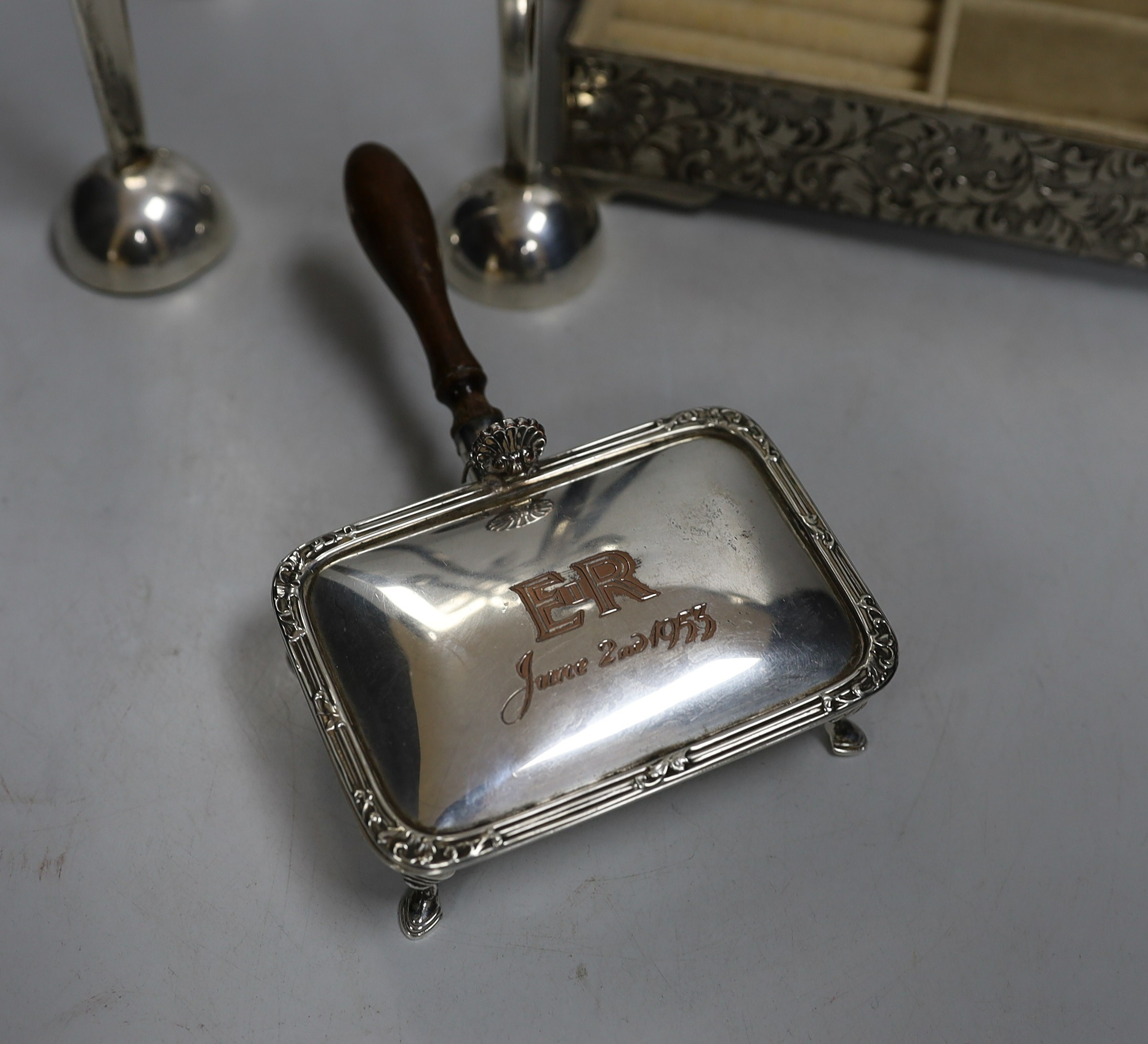 A silver-plated four sconce candelabrum, 28cms high and two other plated items